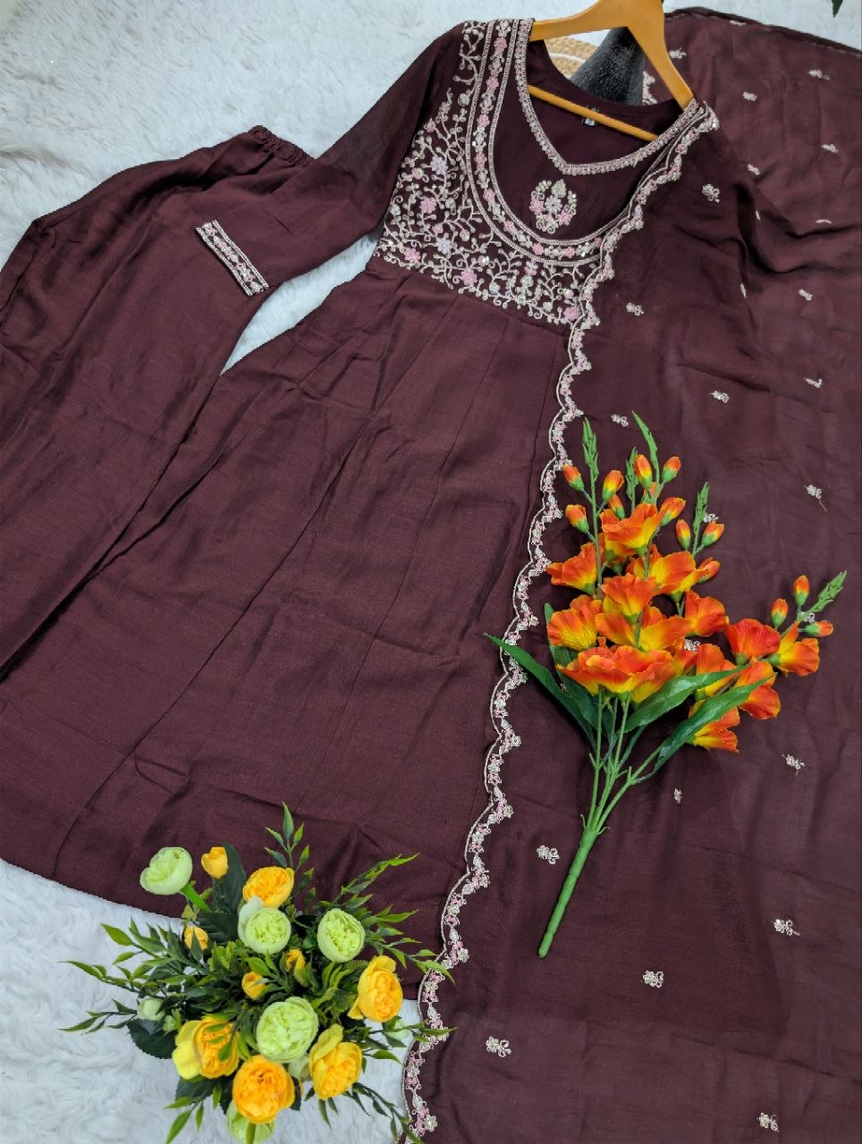 Vichitra Silk Embroidery Anarkali Suit Set