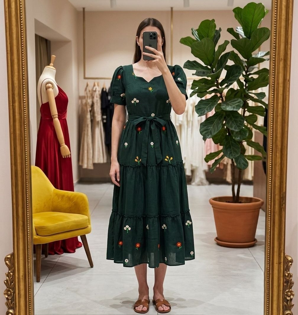 Bottle Green Floral Embriodery Maxi Dress