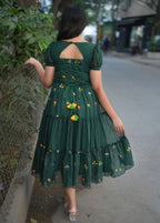 Bottle Green Floral Embriodery Maxi Dress