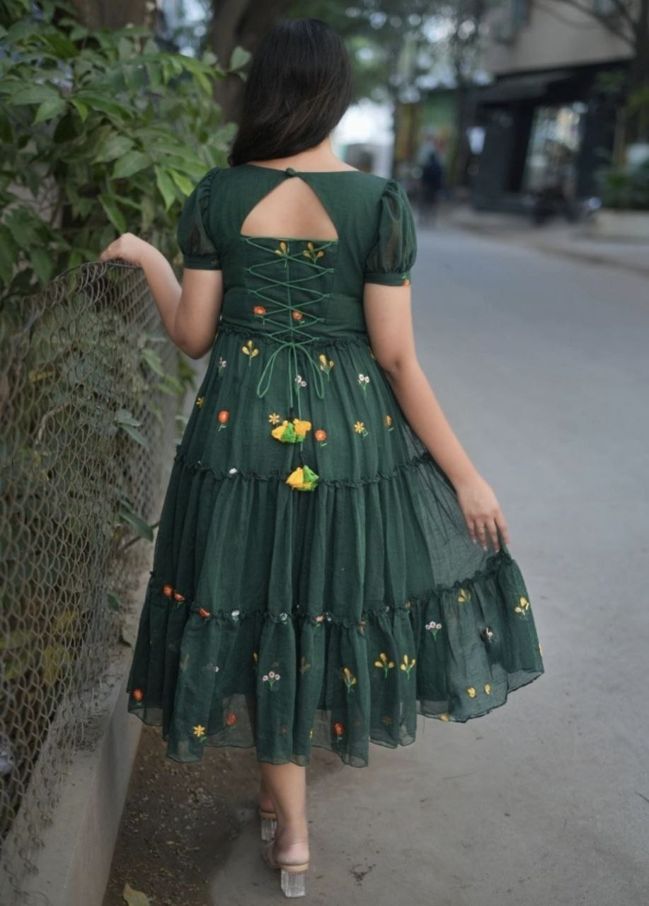 Bottle Green Floral Embriodery Maxi Dress