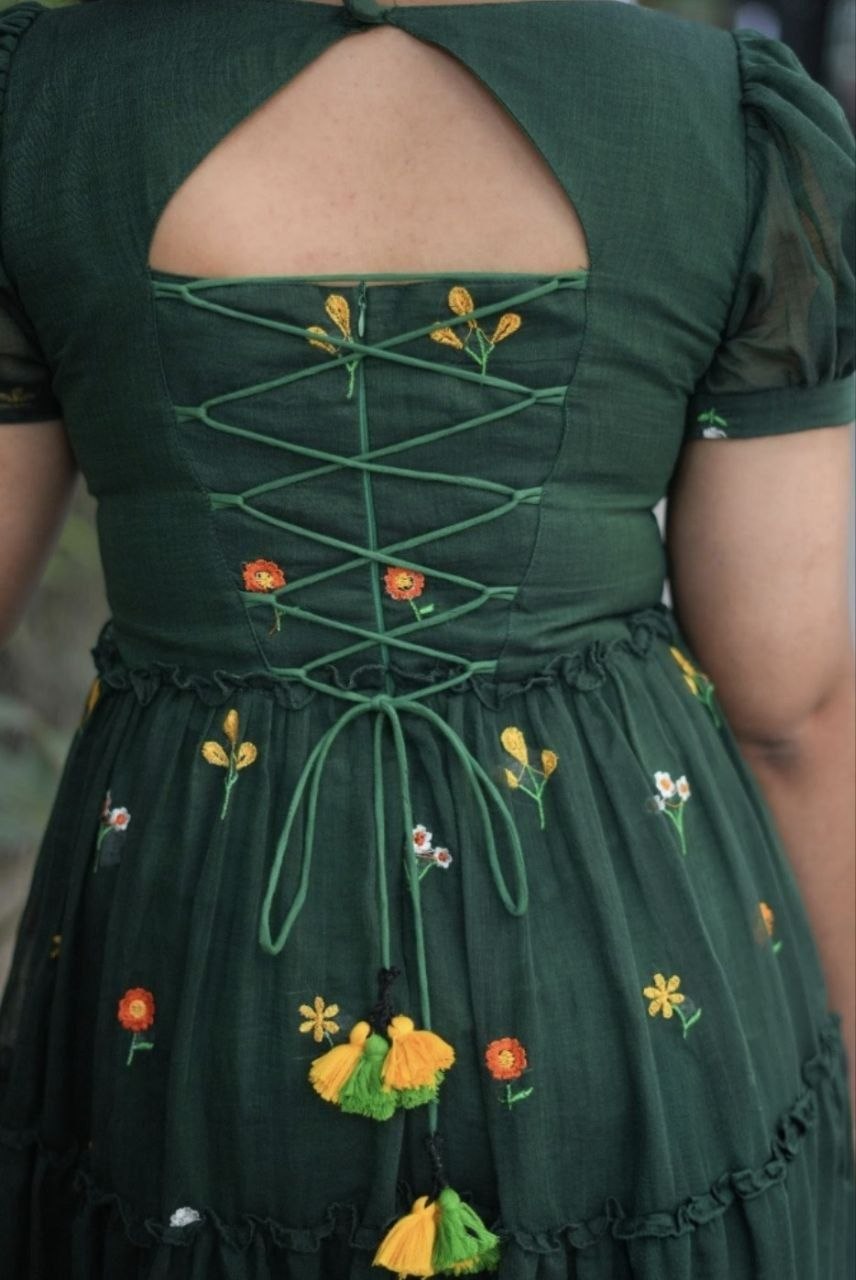 Bottle Green Floral Embriodery Maxi Dress