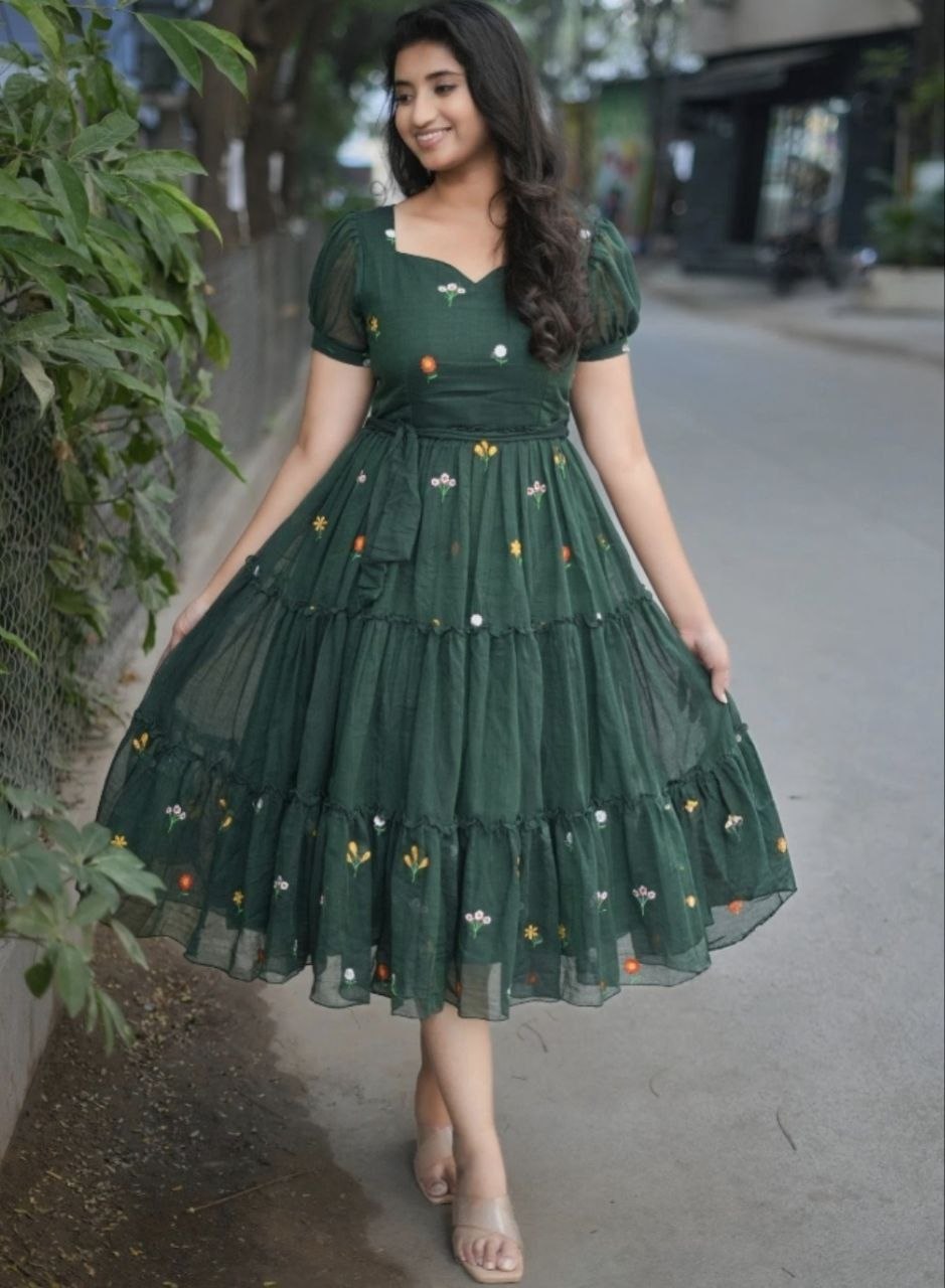 Bottle Green Floral Embriodery Maxi Dress