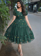 Bottle Green Floral Embriodery Maxi Dress