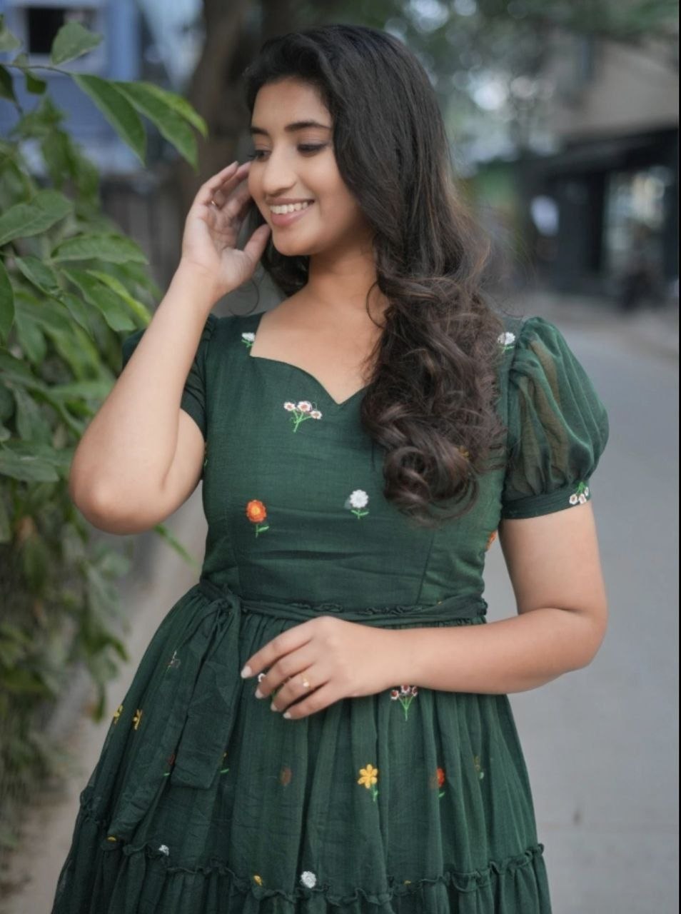Bottle Green Floral Embriodery Maxi Dress