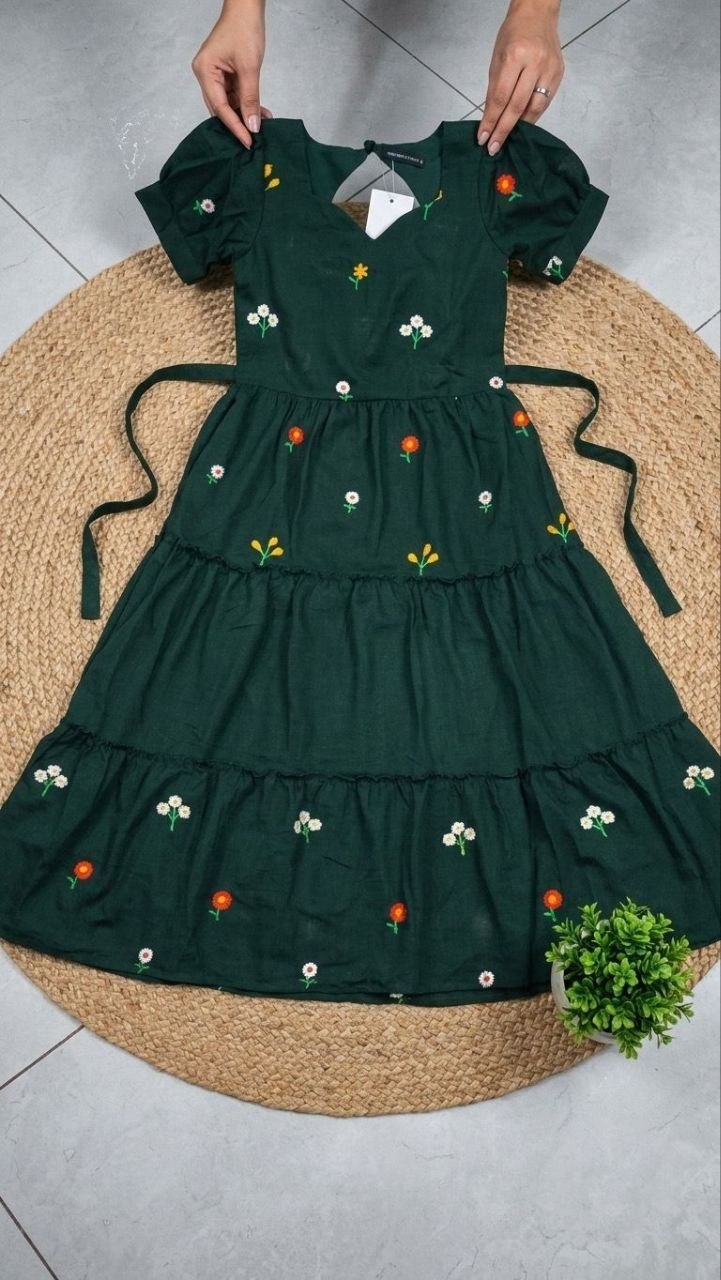 Bottle Green Floral Embriodery Maxi Dress