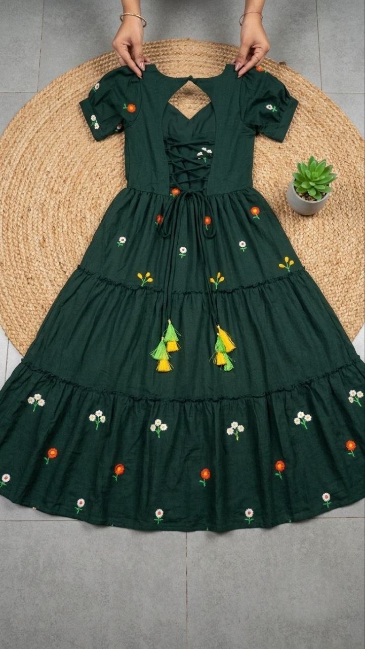 Bottle Green Floral Embriodery Maxi Dress