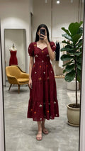 Burgundy Floral Embriodery Silk Maxi Dress