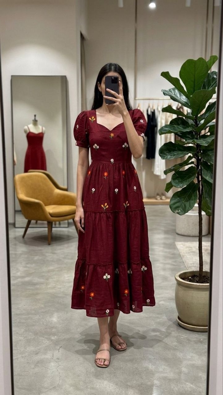 Burgundy Floral Embriodery Silk Maxi Dress