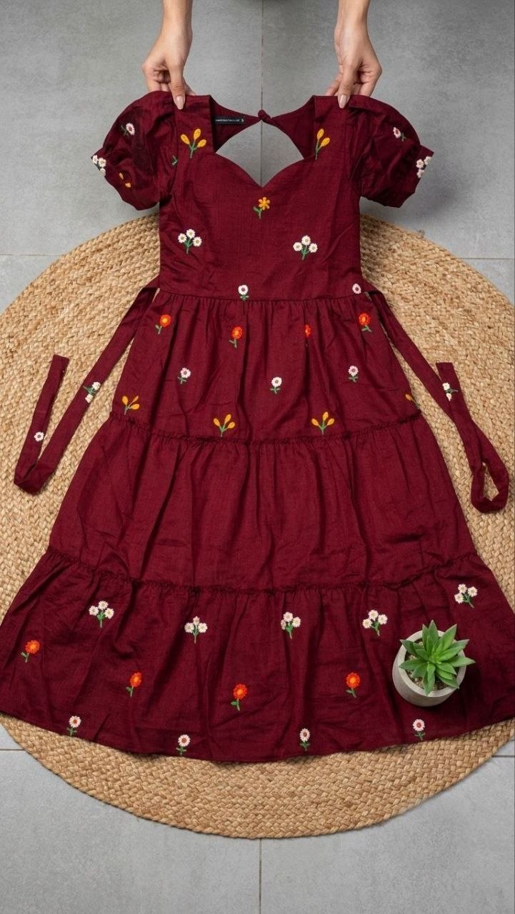 Burgundy Floral Embriodery Silk Maxi Dress