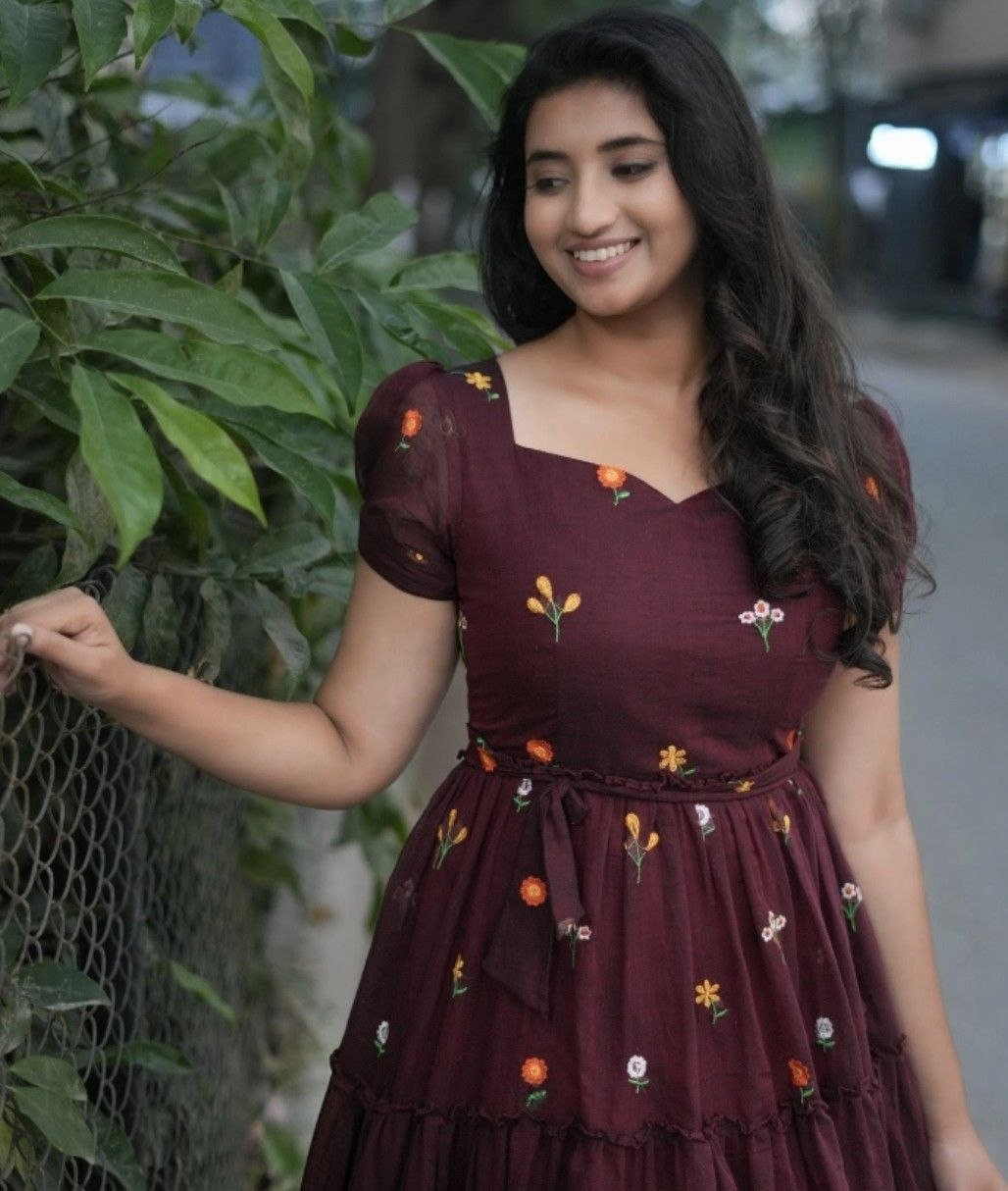 Burgundy Floral Embriodery Silk Maxi Dress