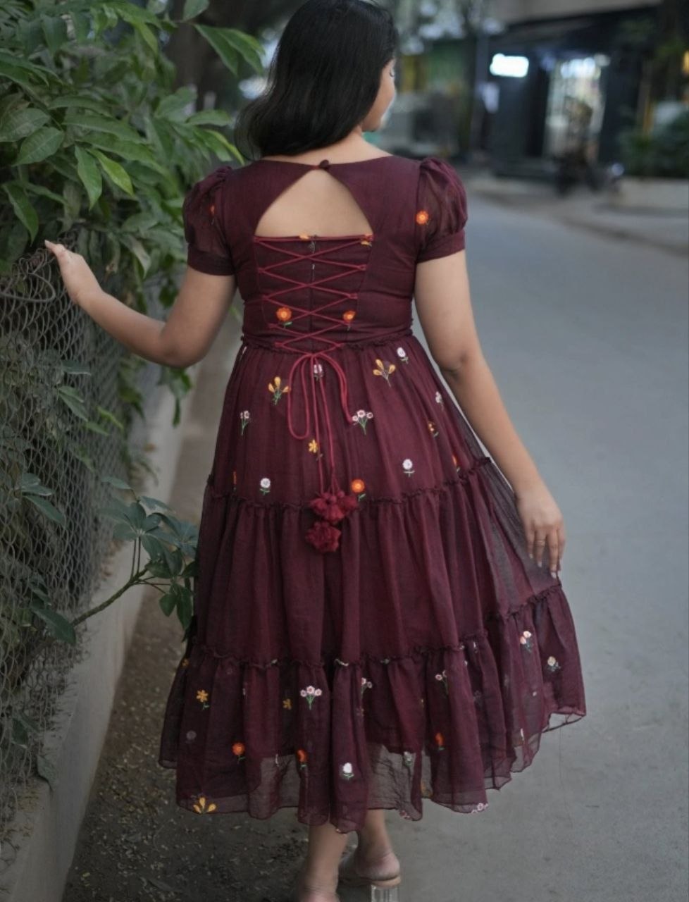 Burgundy Floral Embriodery Silk Maxi Dress