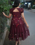 Burgundy Floral Embriodery Silk Maxi Dress