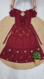 Burgundy Floral Embriodery Silk Maxi Dress