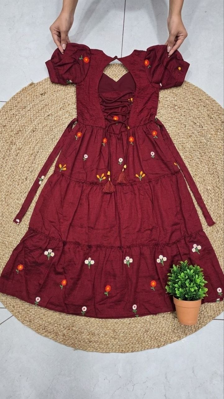 Burgundy Floral Embriodery Silk Maxi Dress