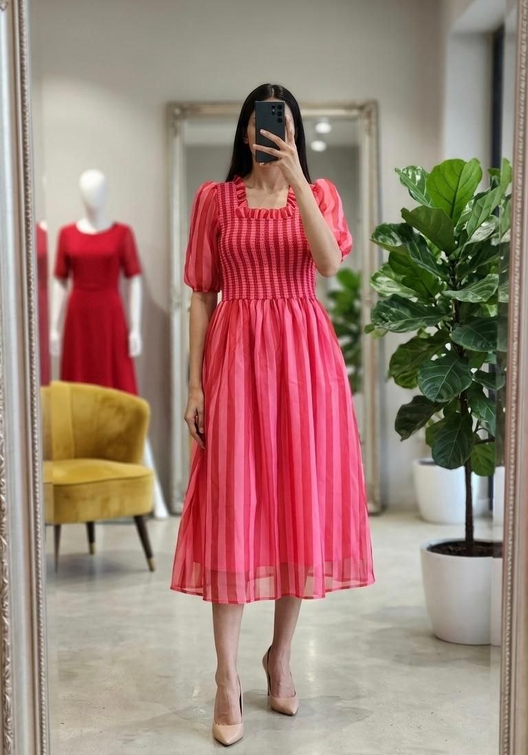 Pink Striped Chiffon Maxi Dress