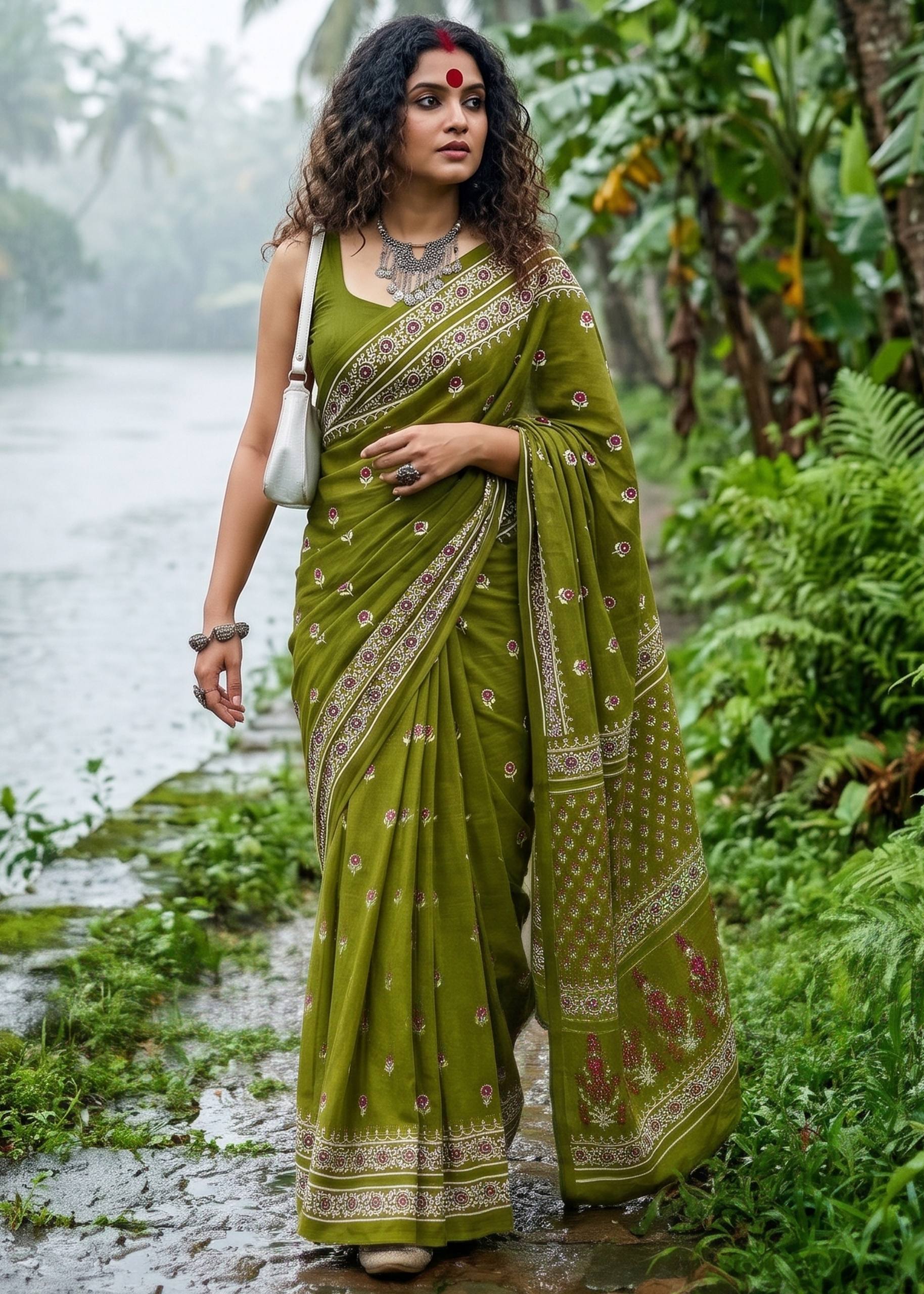 Pure Cotton Bagru Print Saree With Blouse