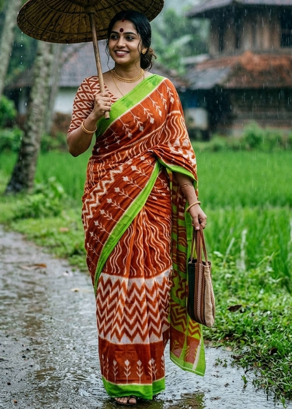 New Mul Cotton Ikkat Print Saree With Blouse