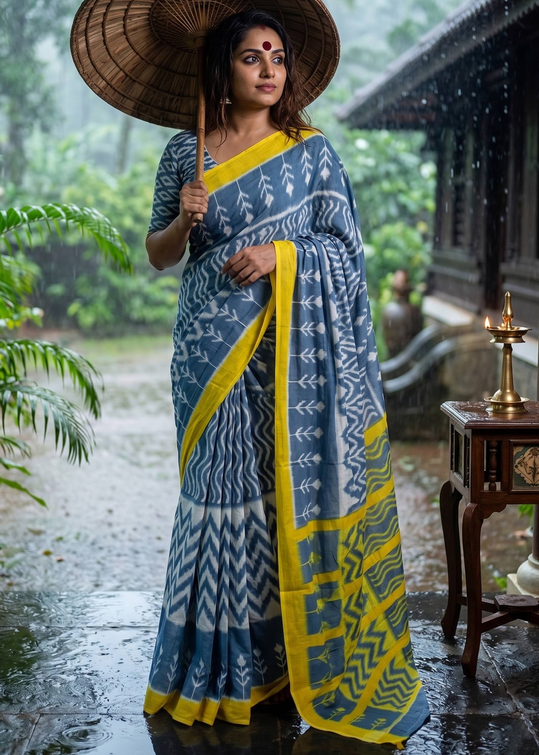 New Mul Cotton Ikkat Print Saree With Blouse