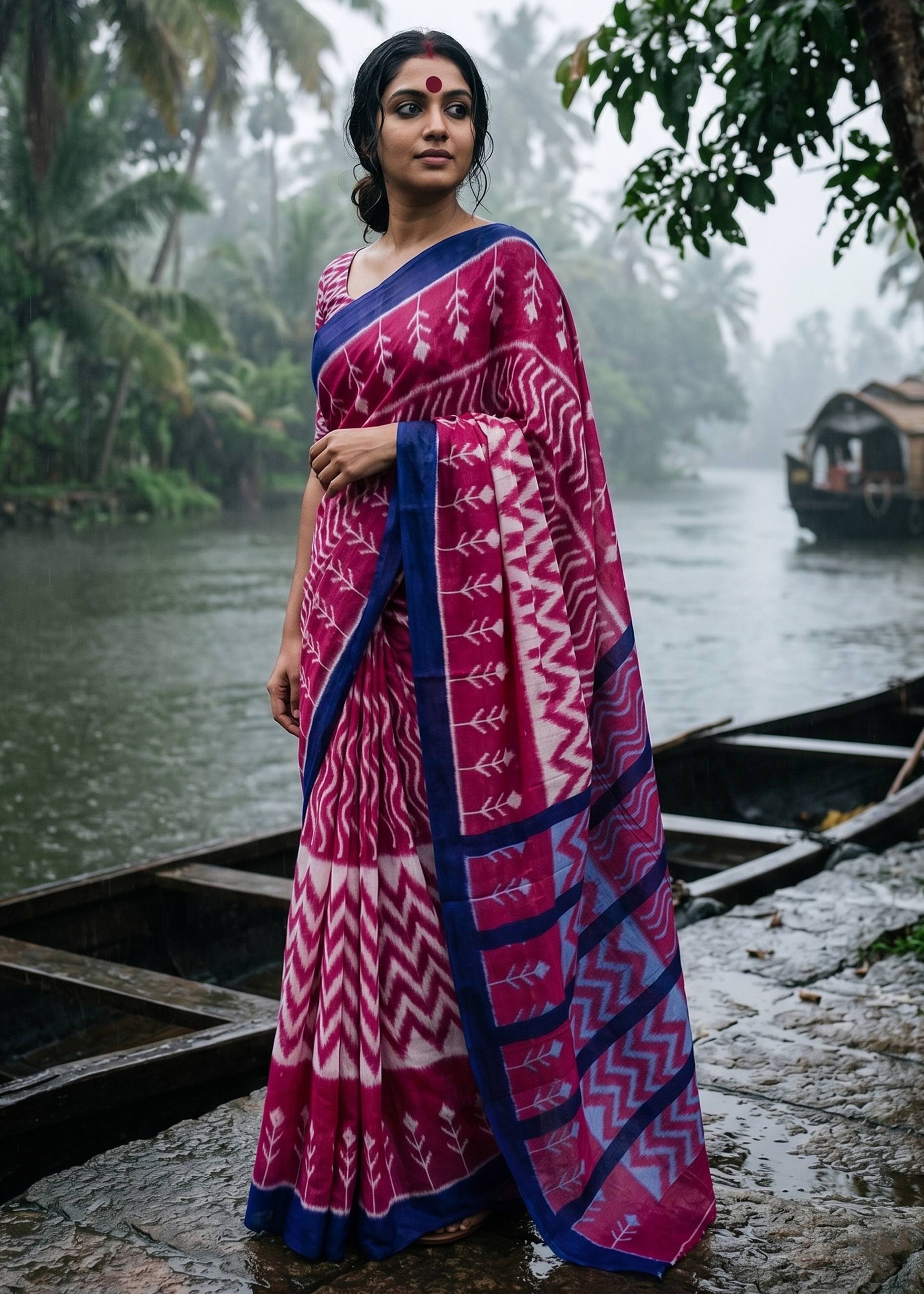 New Mul Cotton Ikkat Print Saree With Blouse
