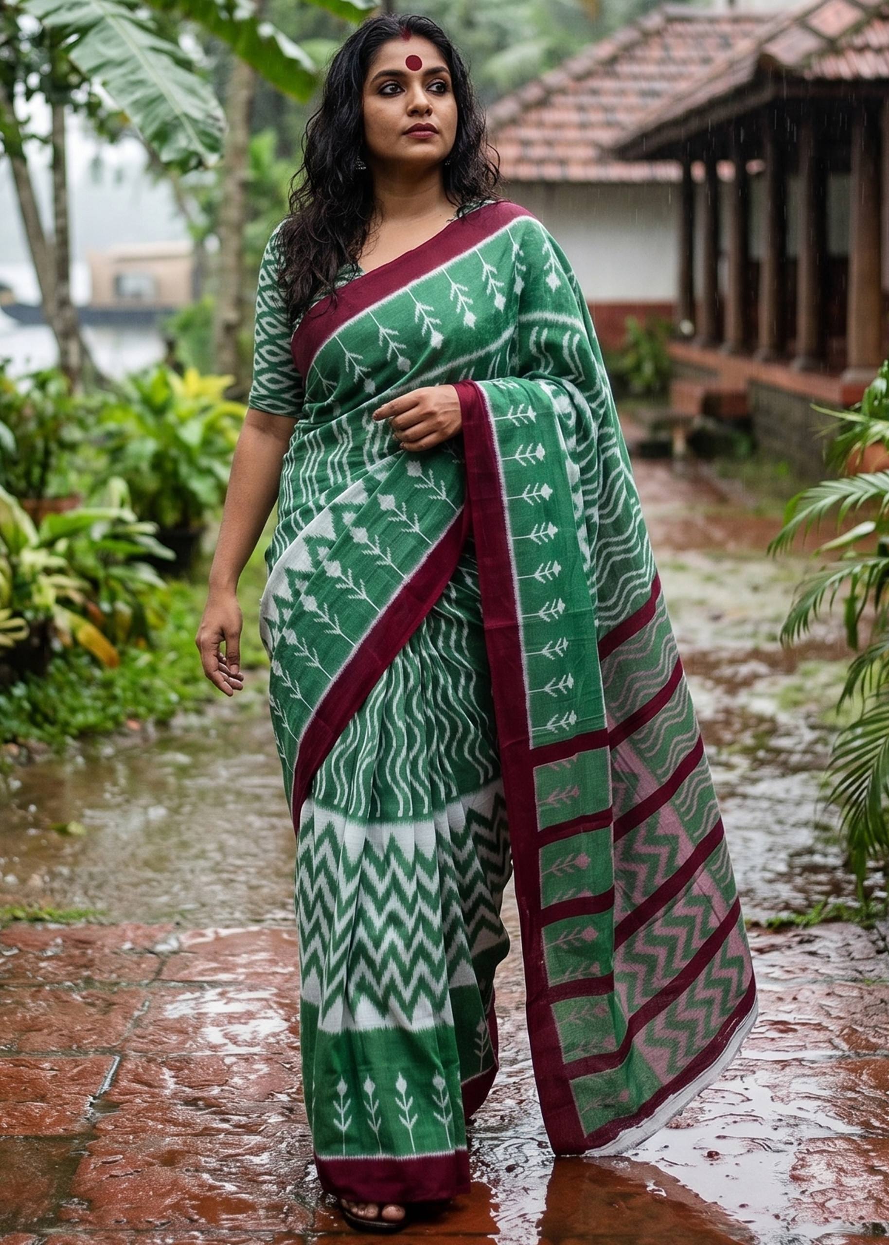 New Mul Cotton Ikkat Print Saree With Blouse