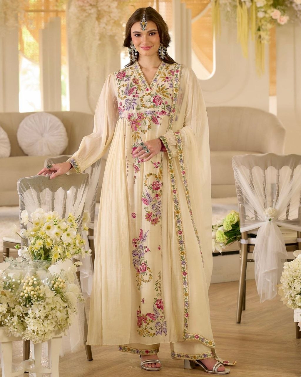 Blooming Geogrette Anarkali Embriodery Suit Set