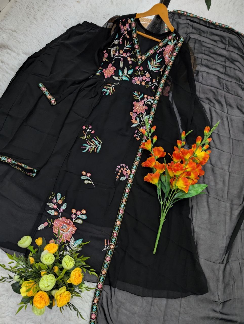 Blooming Geogrette Anarkali Embriodery Suit Set