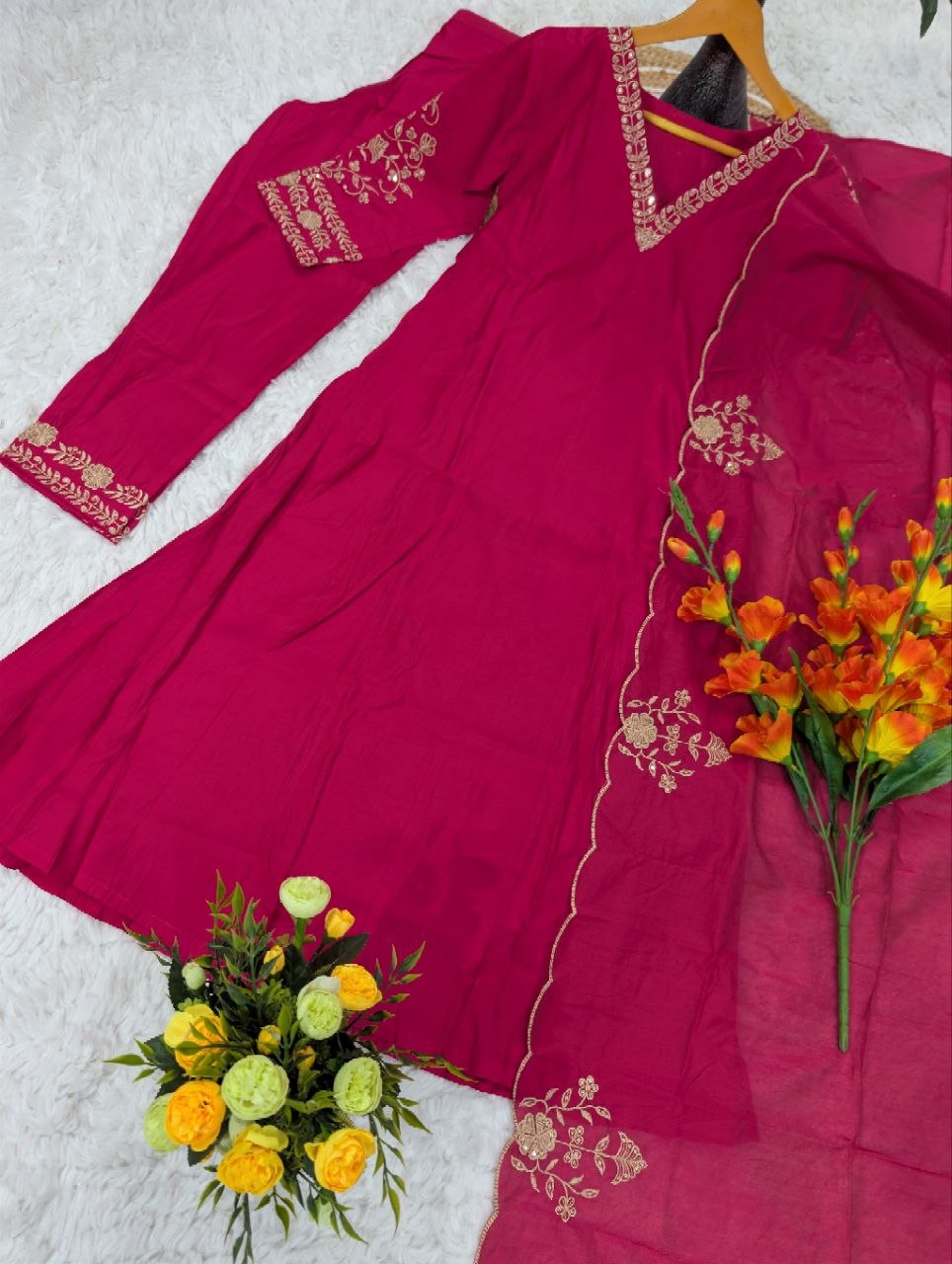 Pure Chanderi Embroidery Work Kurta Suit Set