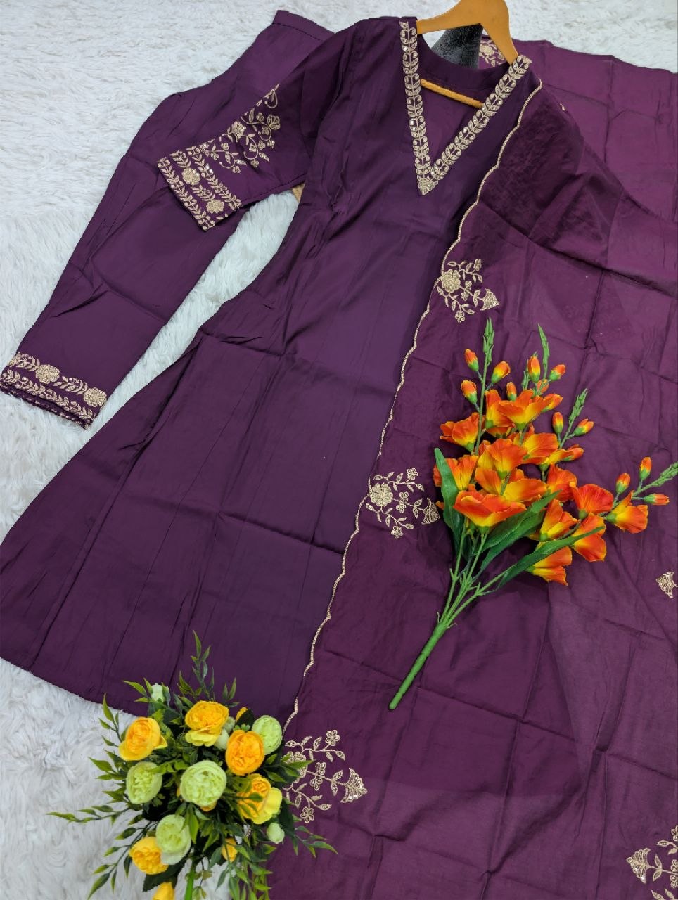 Pure Chanderi Embroidery Work Kurta Suit Set