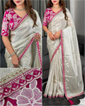 Cream Pure Satin Embriodered Party Wear Saree with Blouse