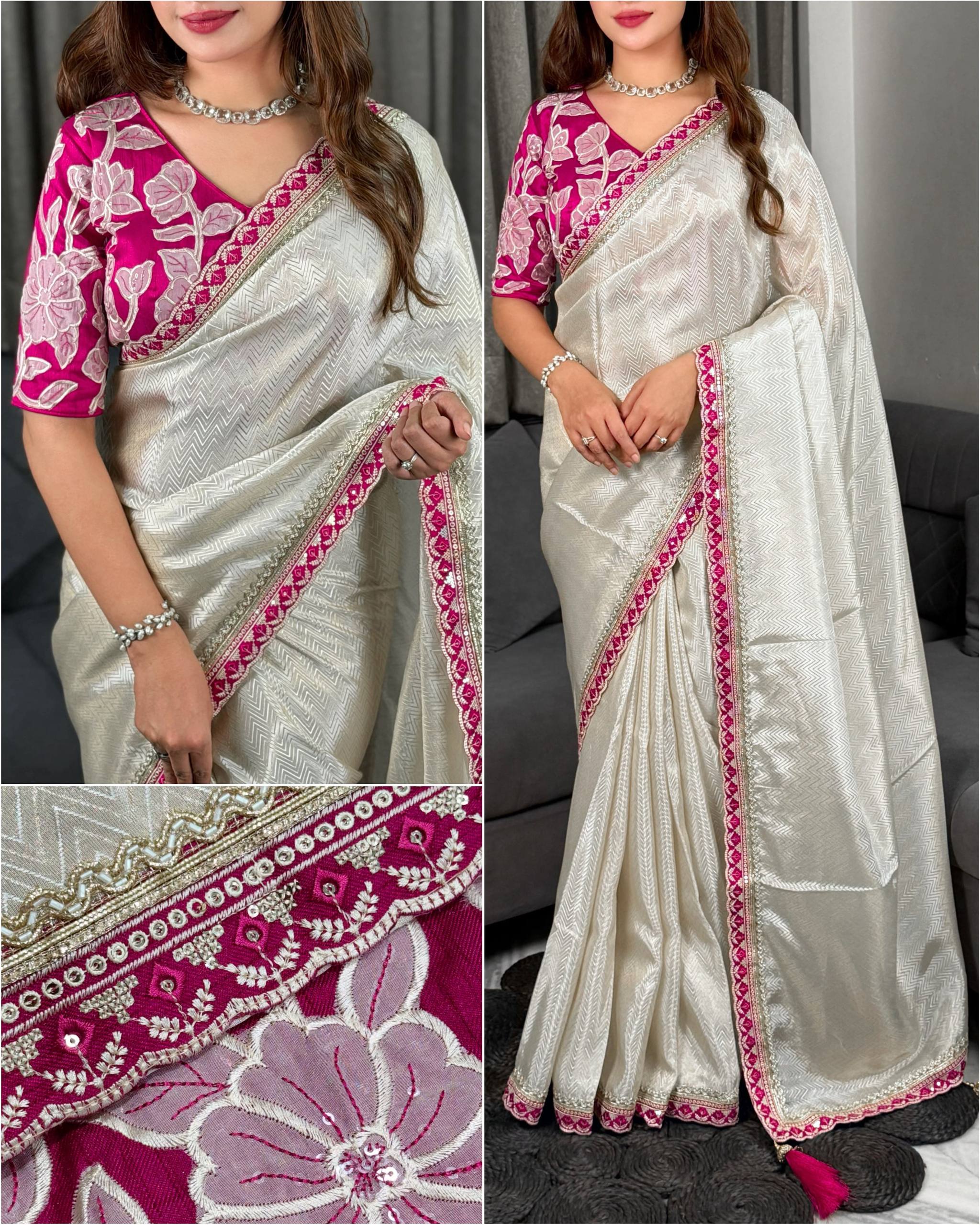 Cream Pure Satin Embriodered Party Wear Saree with Blouse
