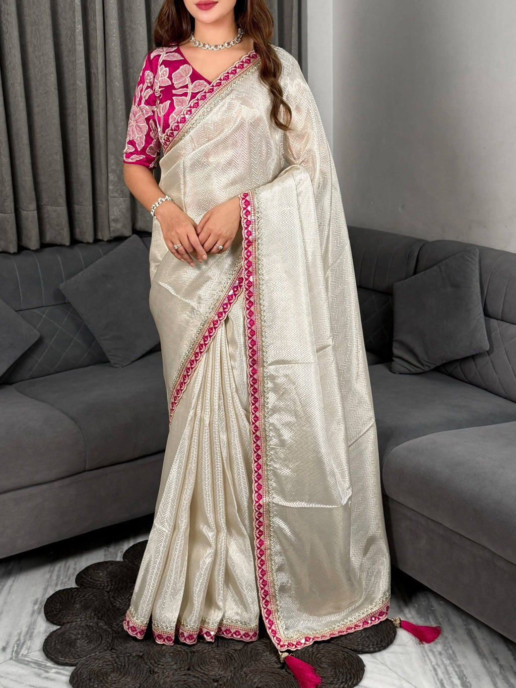Cream Pure Satin Embriodered Party Wear Saree with Blouse