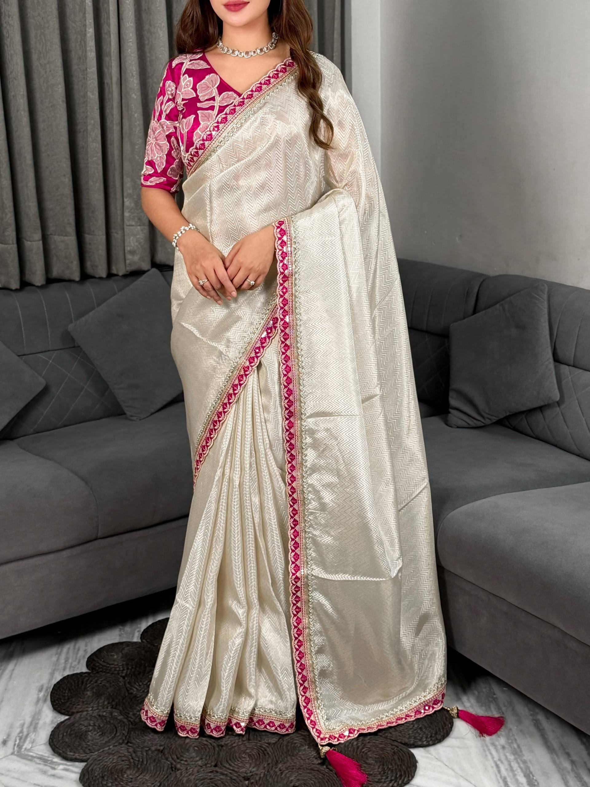 Cream Pure Satin Embriodered Party Wear Saree with Blouse