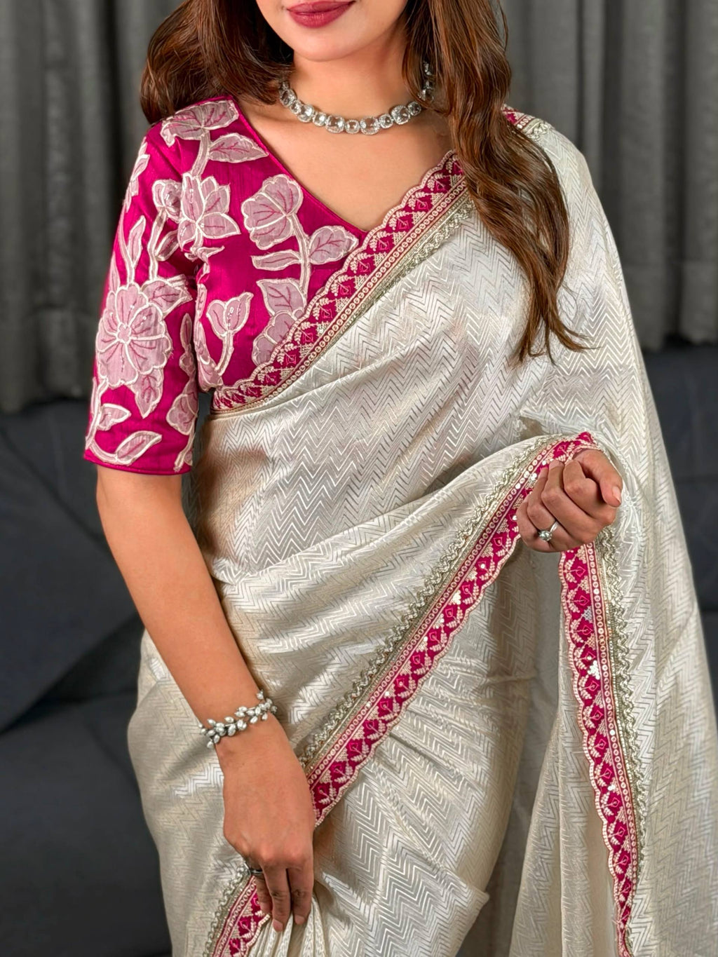 Cream Pure Satin Embriodered Party Wear Saree with Blouse