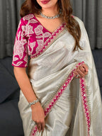 Cream Pure Satin Embriodered Party Wear Saree with Blouse