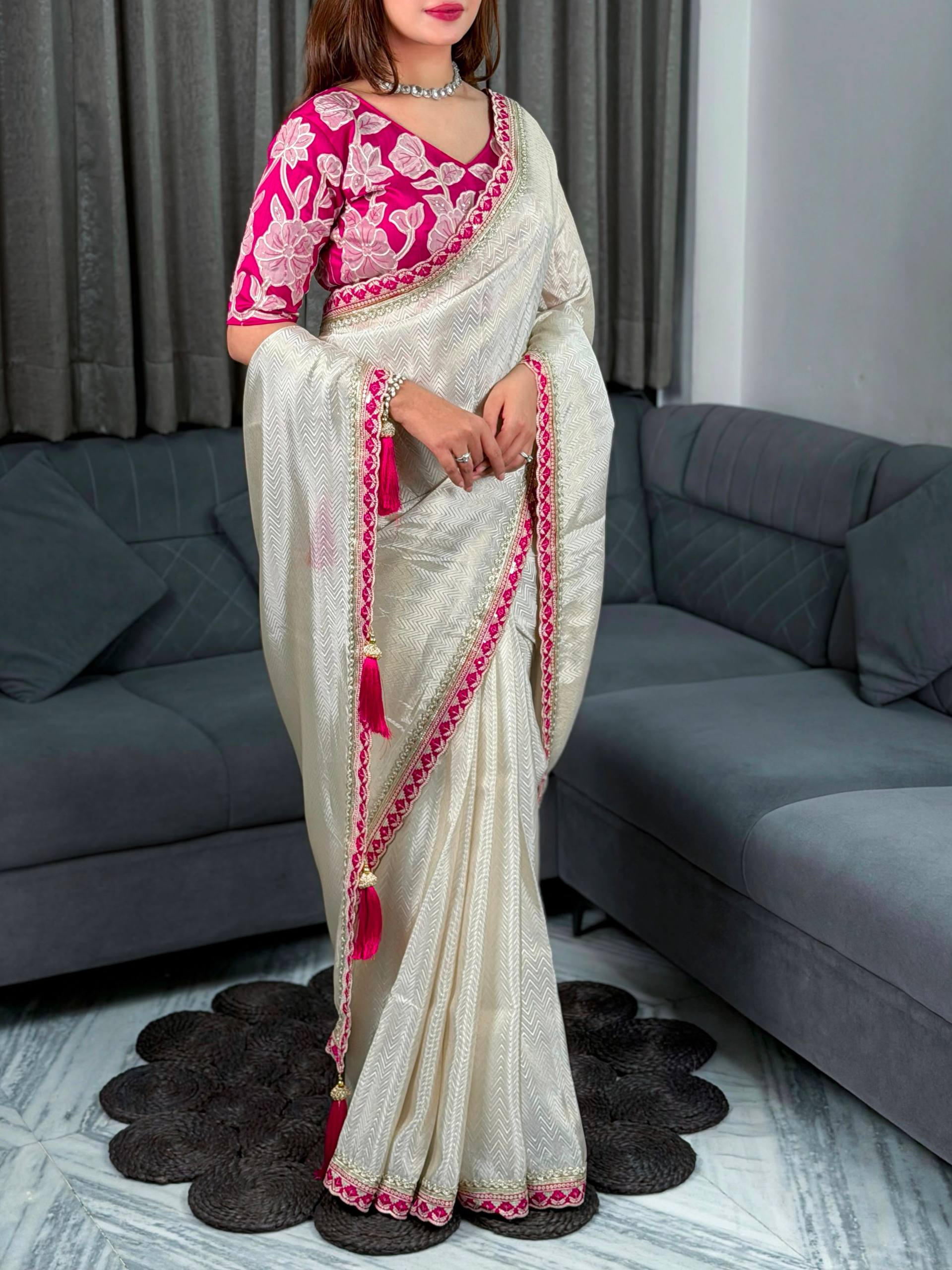 Cream Pure Satin Embriodered Party Wear Saree with Blouse