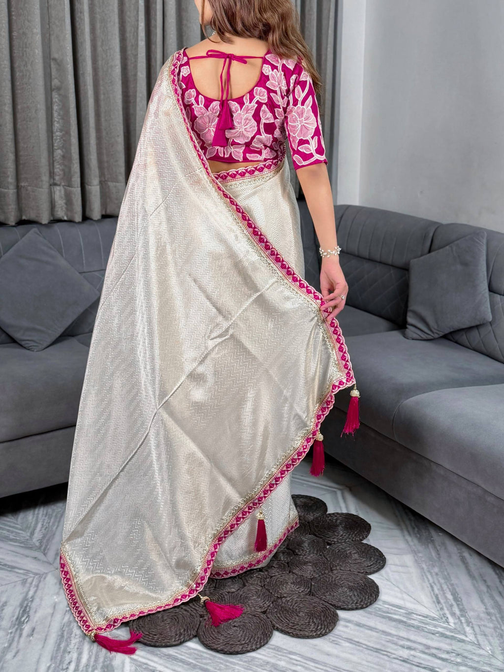 Cream Pure Satin Embriodered Party Wear Saree with Blouse