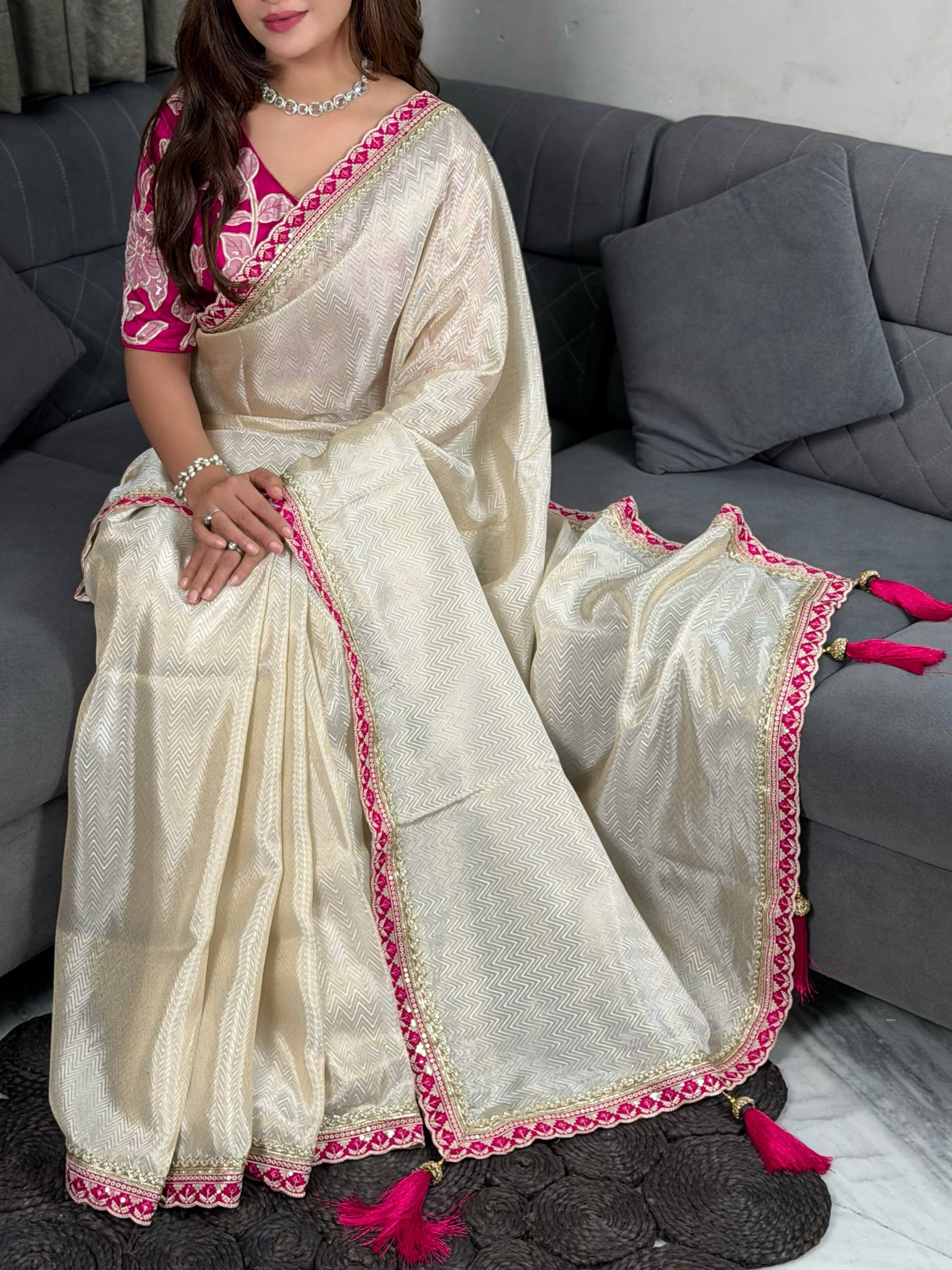 Cream Pure Satin Embriodered Party Wear Saree with Blouse