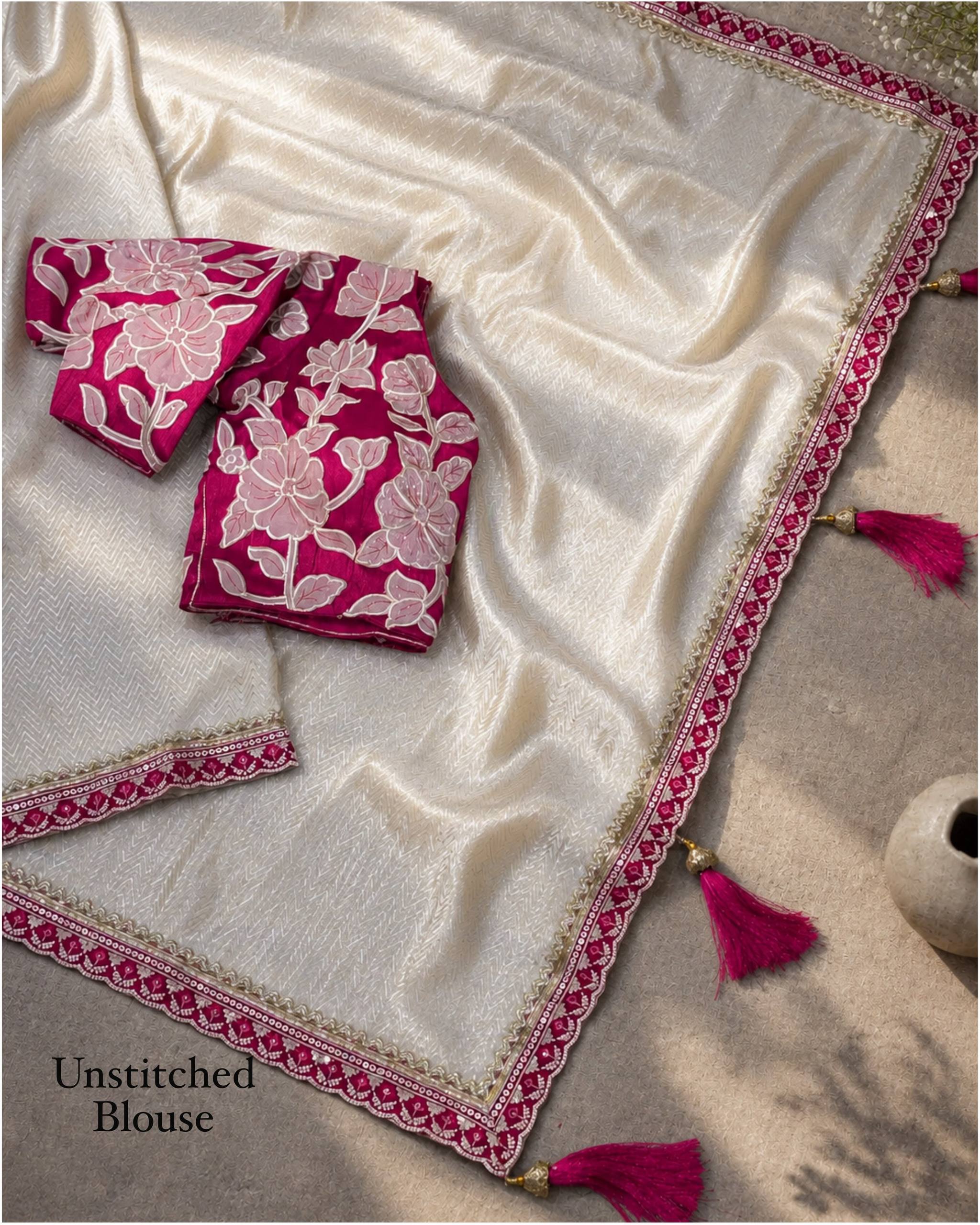 Cream Pure Satin Embriodered Party Wear Saree with Blouse