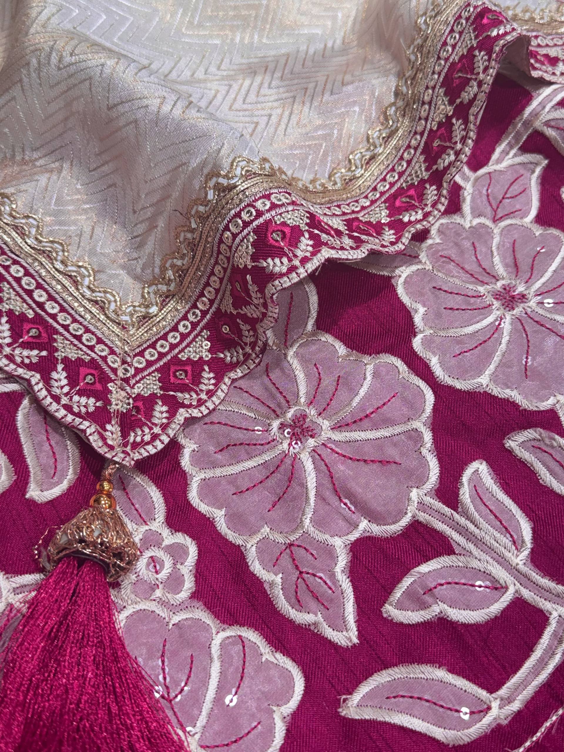Cream Pure Satin Embriodered Party Wear Saree with Blouse