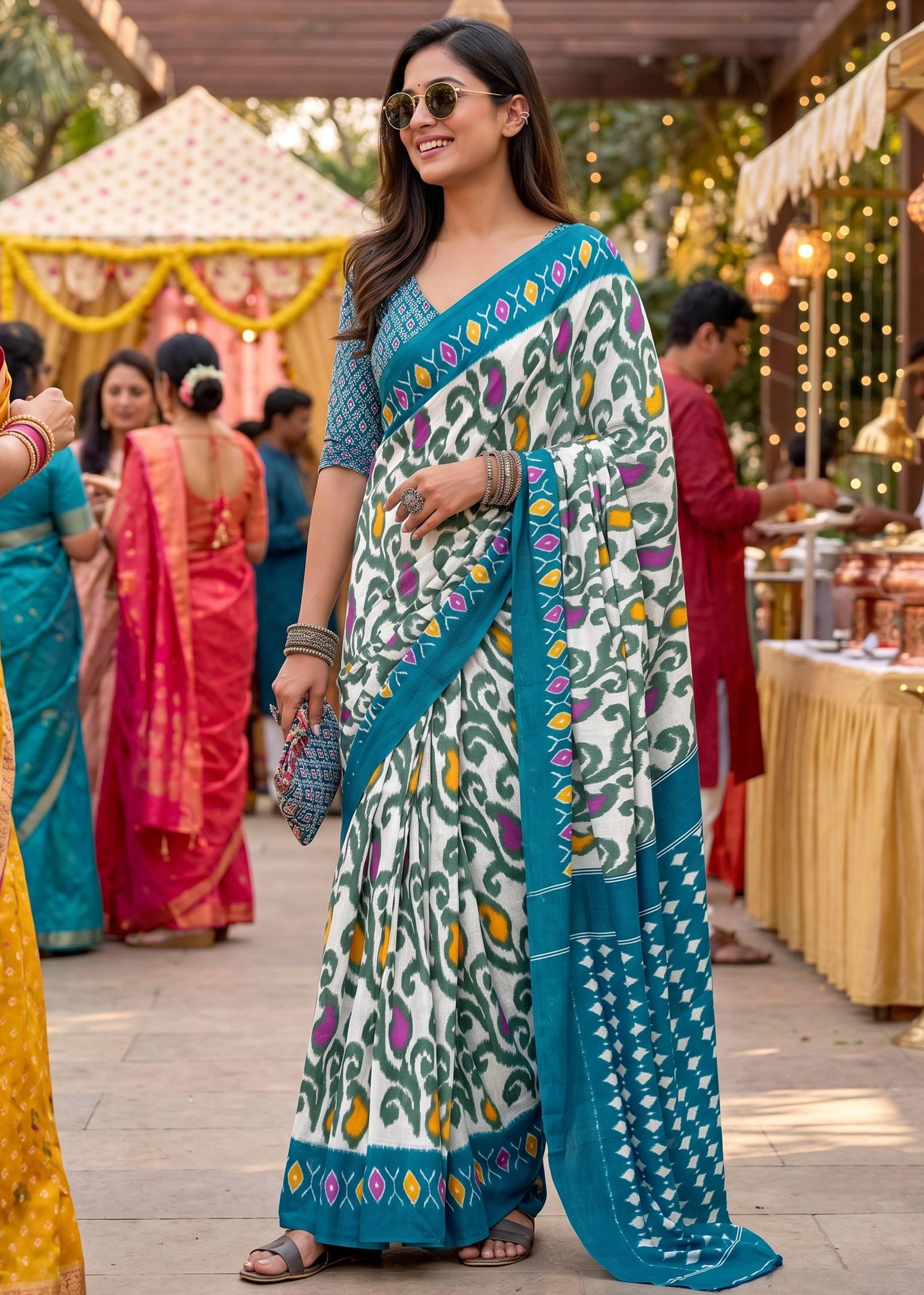 Mul Cotton Ikkat Print Saree With Blouse