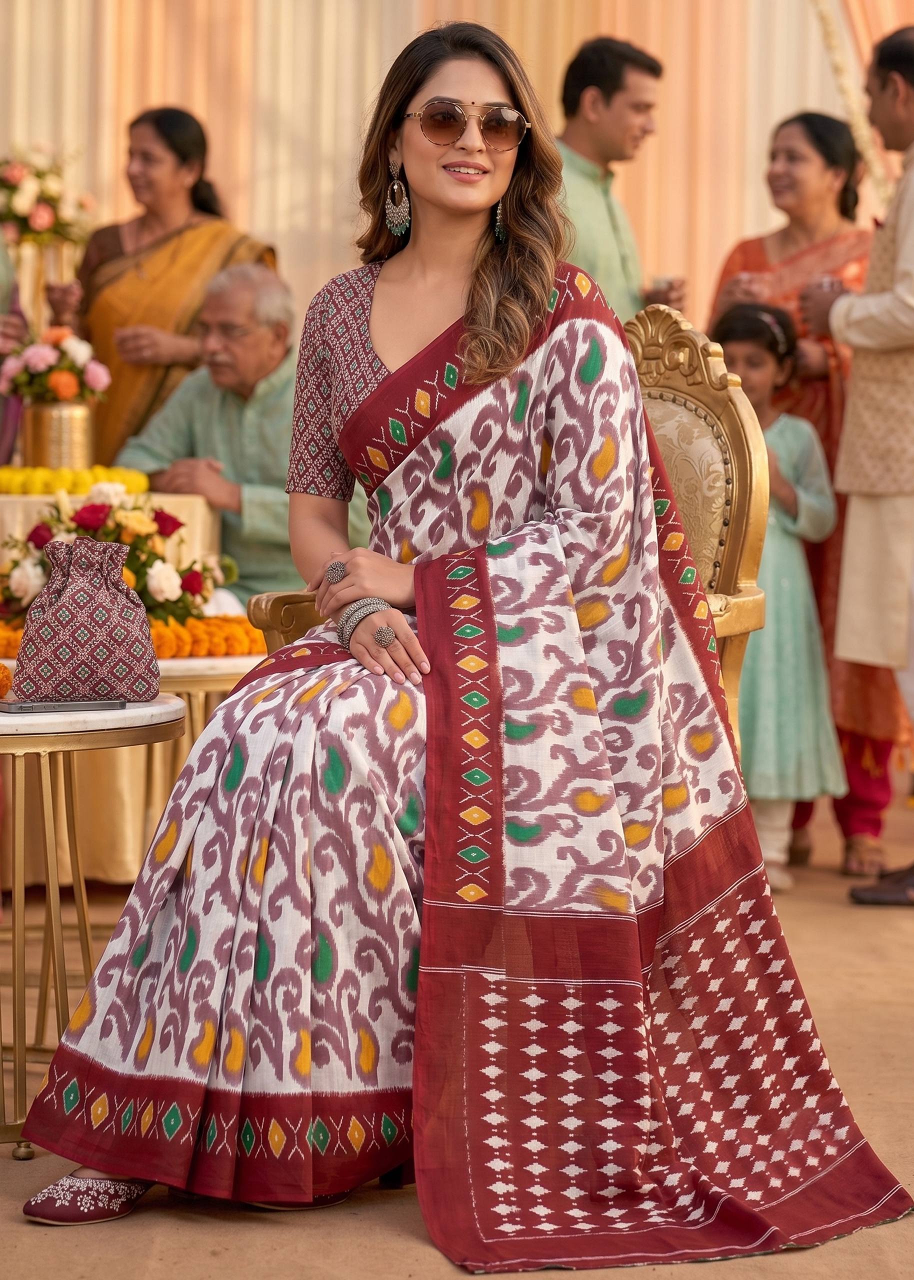 Mul Cotton Ikkat Print Saree With Blouse