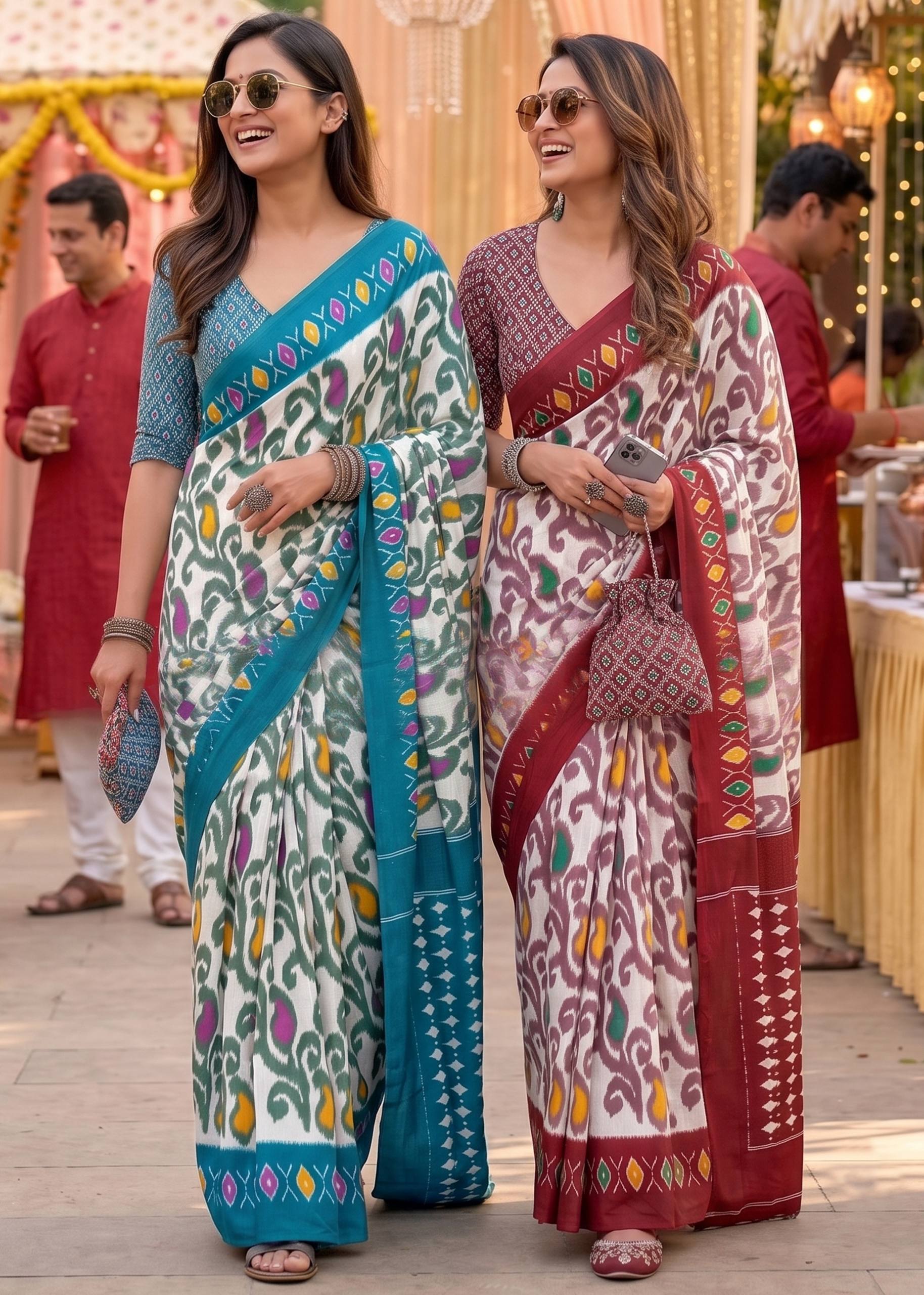 Mul Cotton Ikkat Print Saree With Blouse