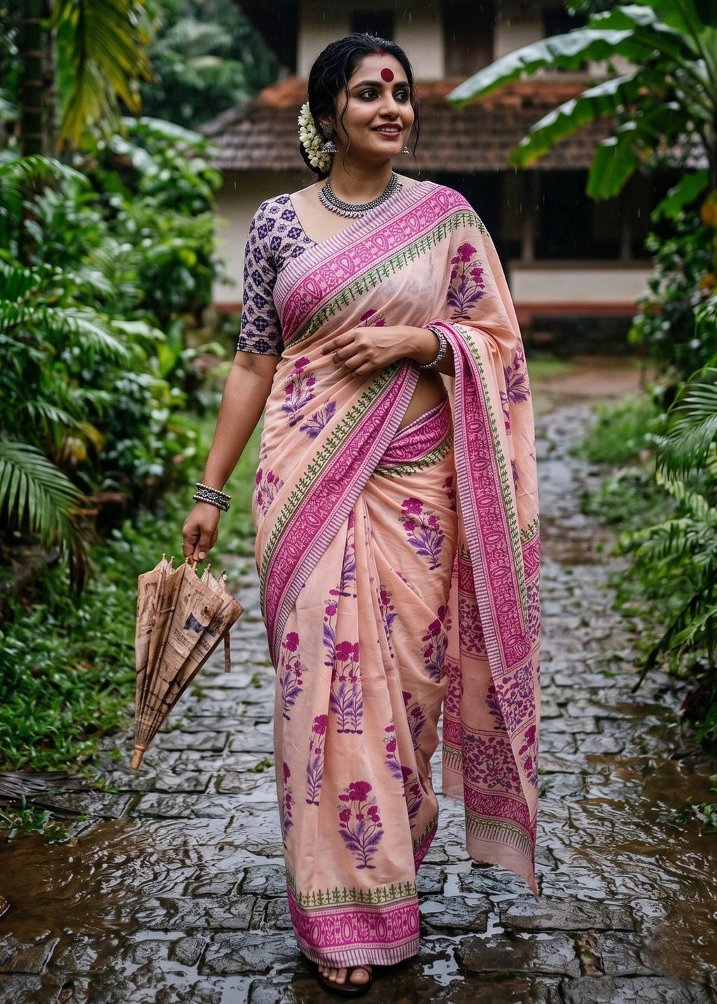 Mul Cotton Sanganeri Block Print Saree With Blouse