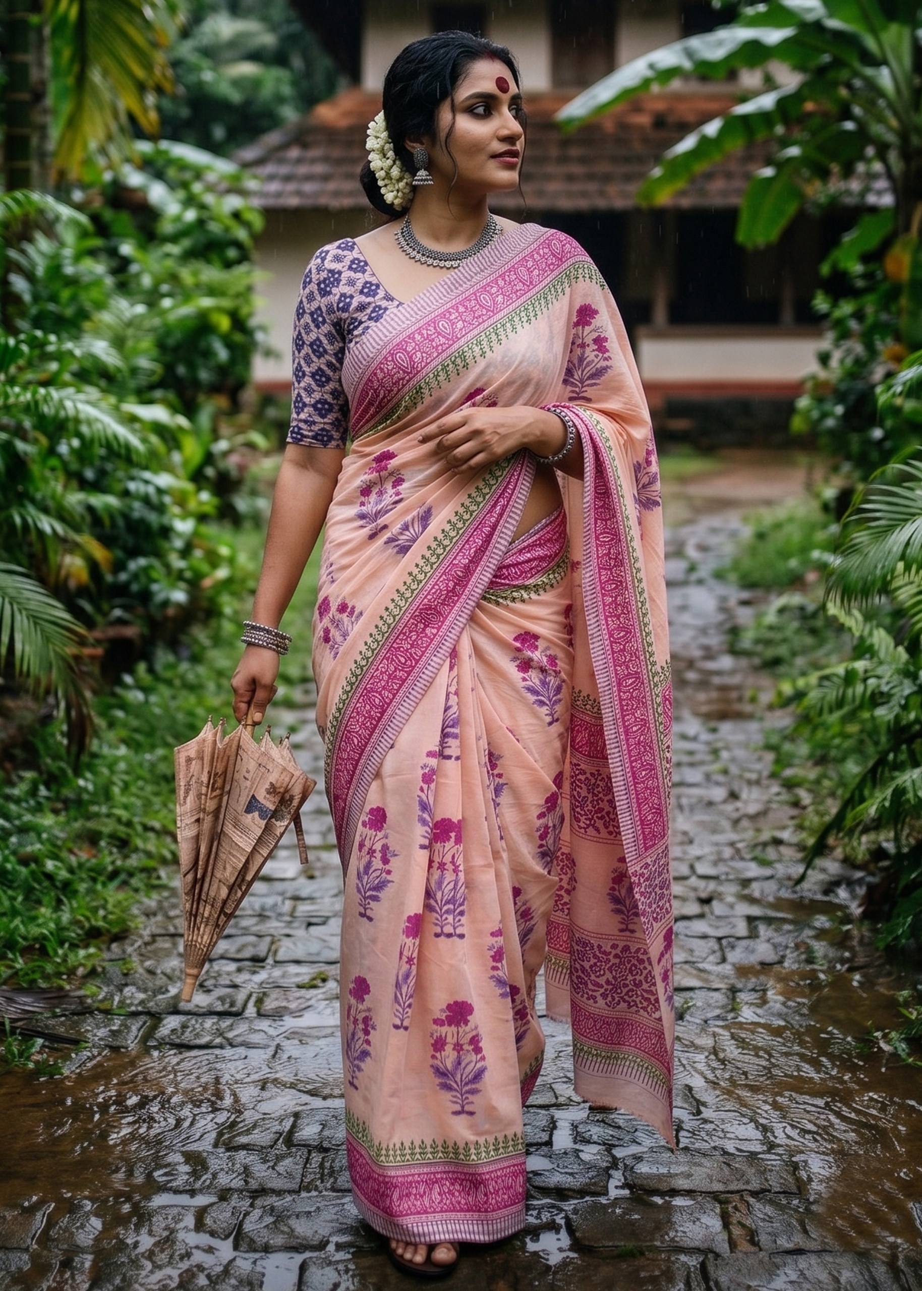 Mul Cotton Sanganeri Block Print Saree With Blouse