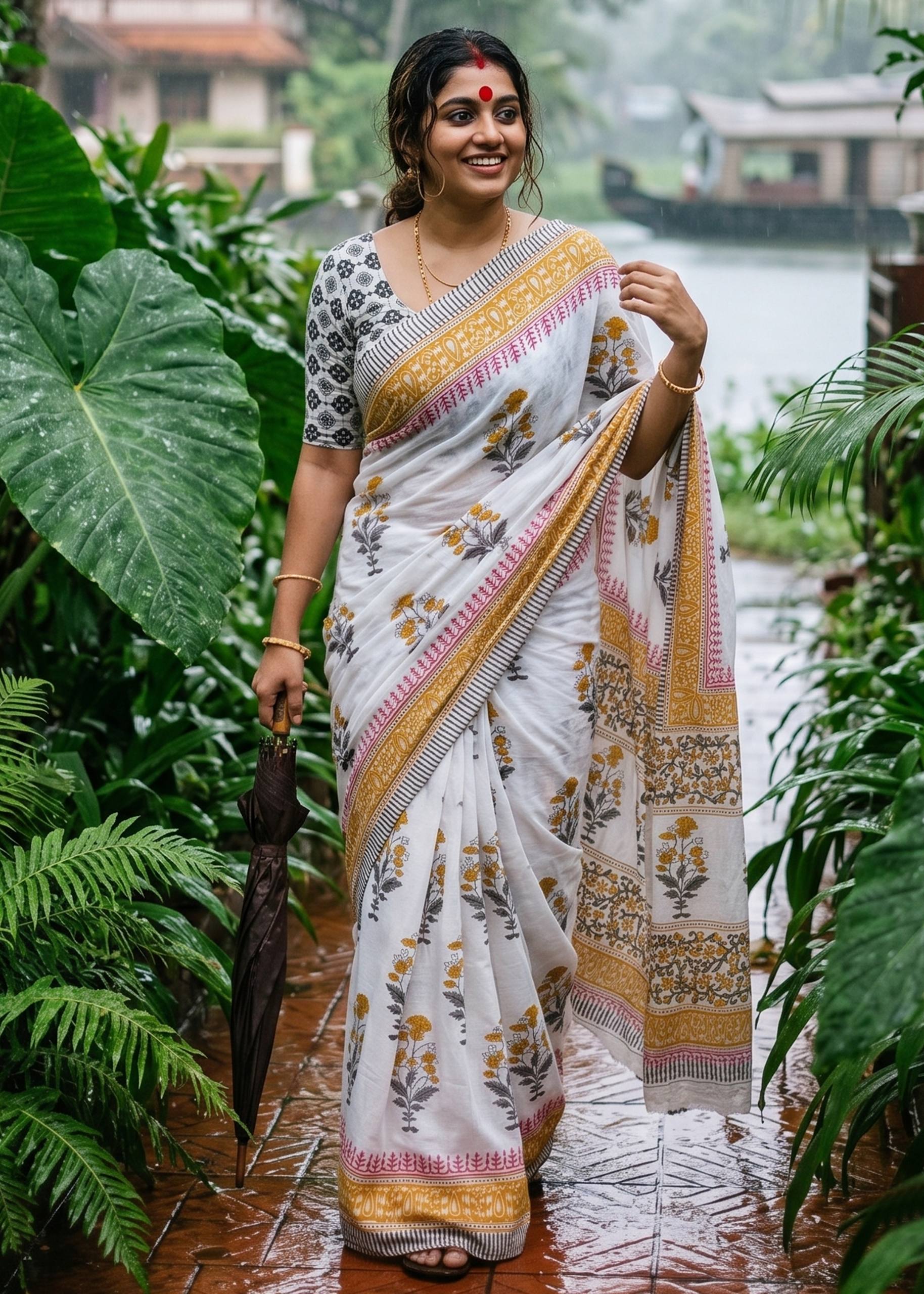 Mul Cotton Sanganeri Block Print Saree With Blouse