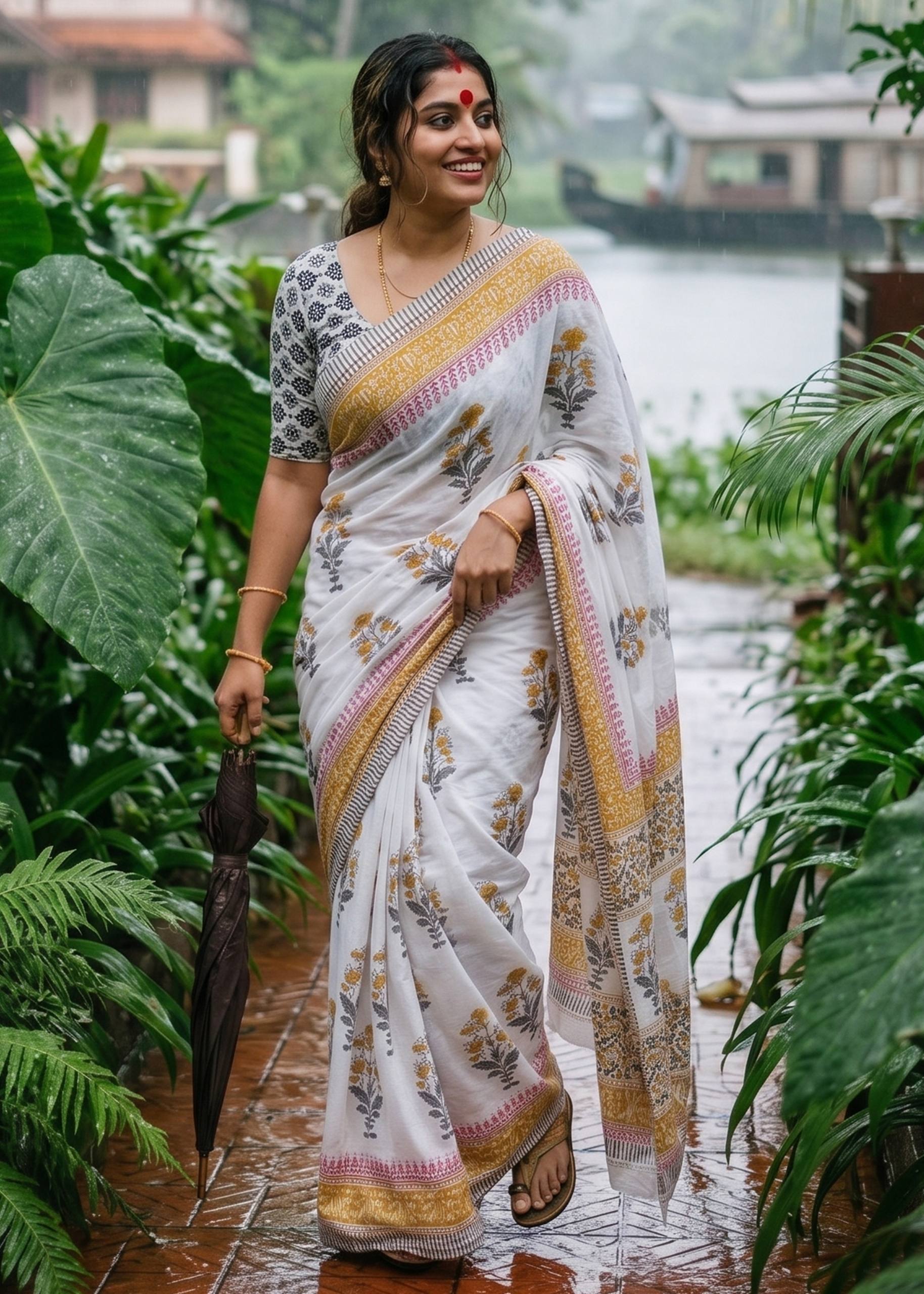 Mul Cotton Sanganeri Block Print Saree With Blouse