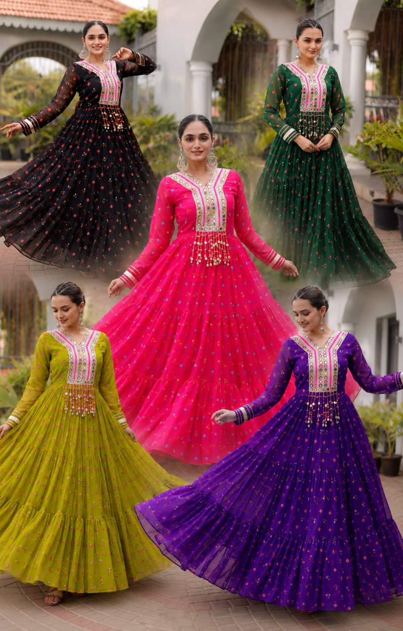 Geogrette Leheriya Print Kutchi Patchwork Frill Gown