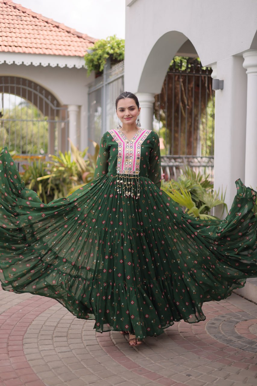Geogrette Leheriya Print Kutchi Patchwork Frill Gown