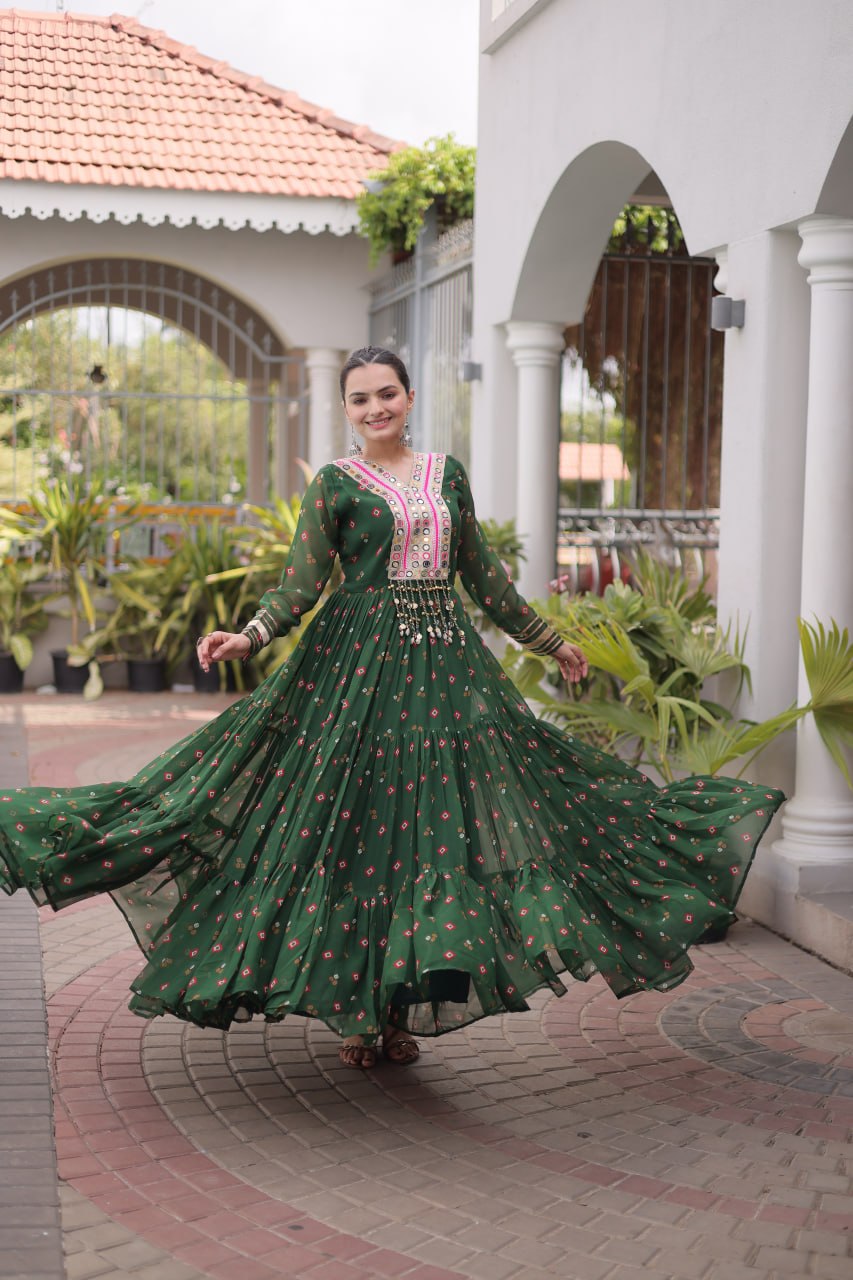 Geogrette Leheriya Print Kutchi Patchwork Frill Gown