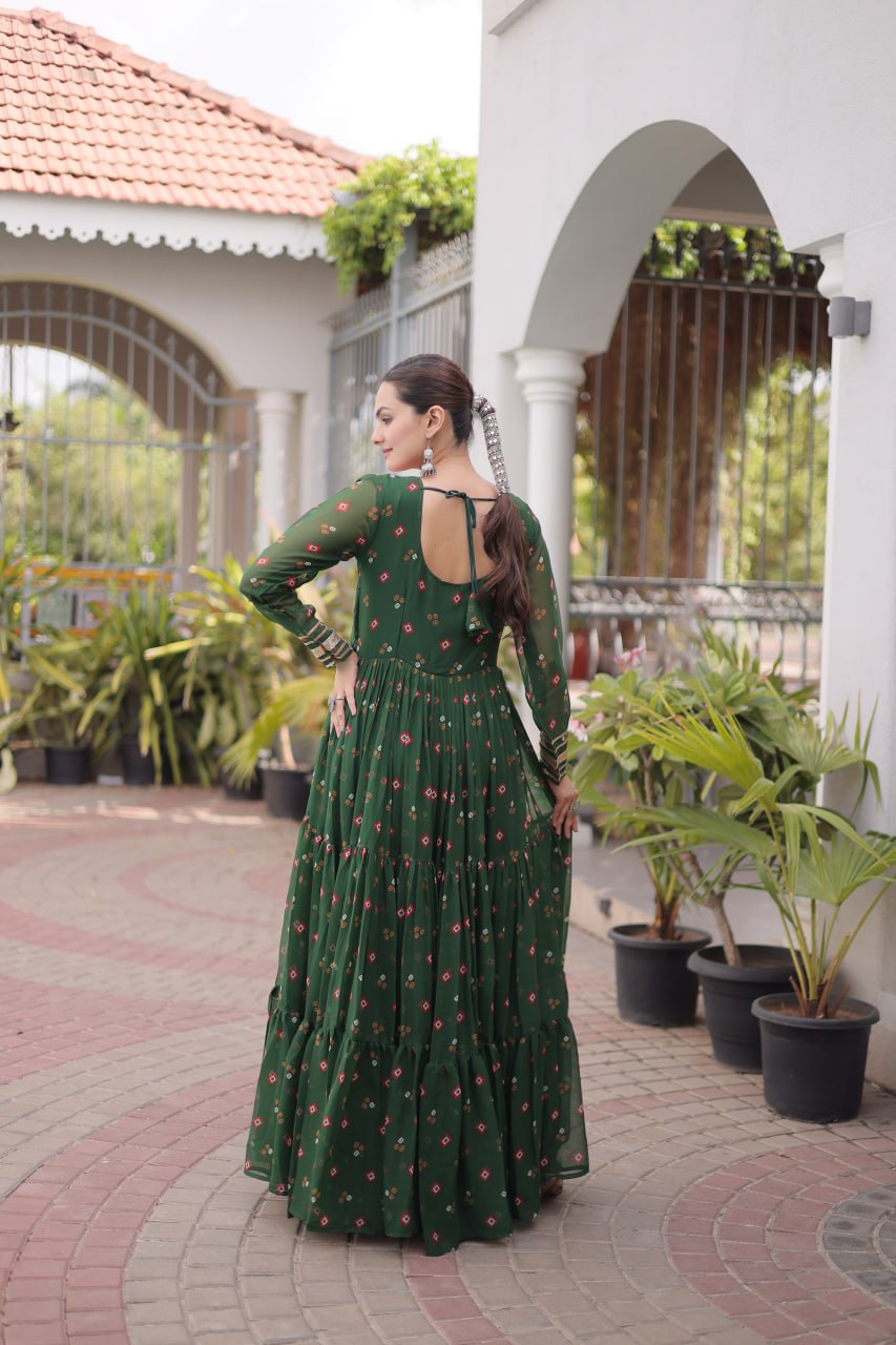 Geogrette Leheriya Print Kutchi Patchwork Frill Gown